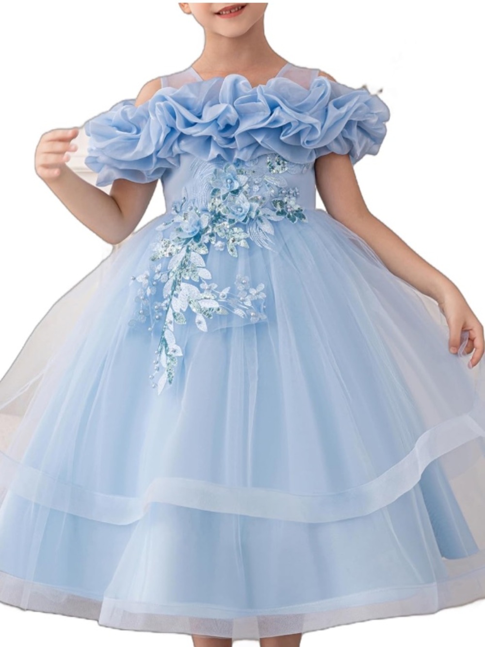 Light Blue Ruffled Tulle Flower Girl Dress - Picture 5 of 7